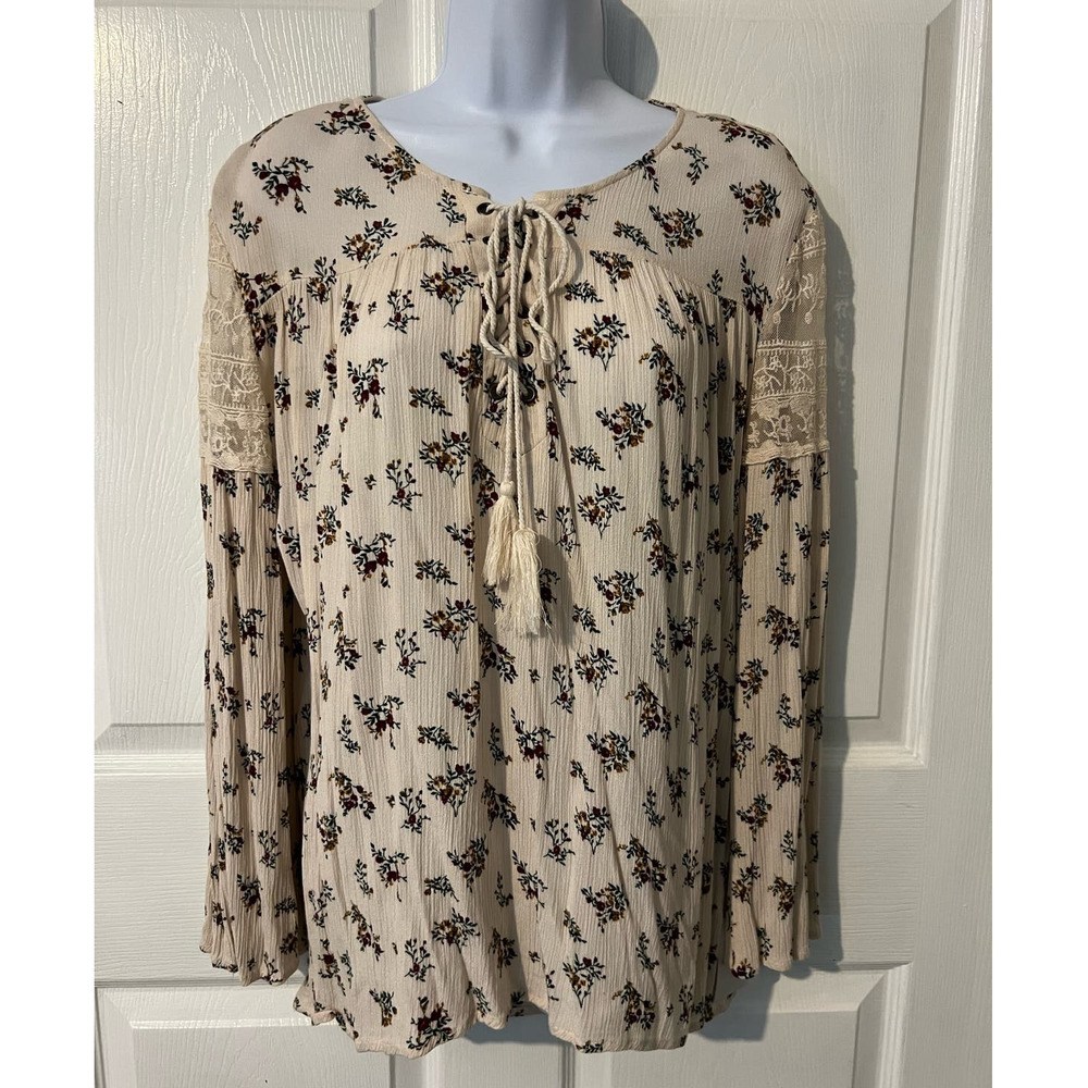 Women's COTTON BLEU Floral Bell Sleeve Tie Neck Lace Upper Arm Size Small
